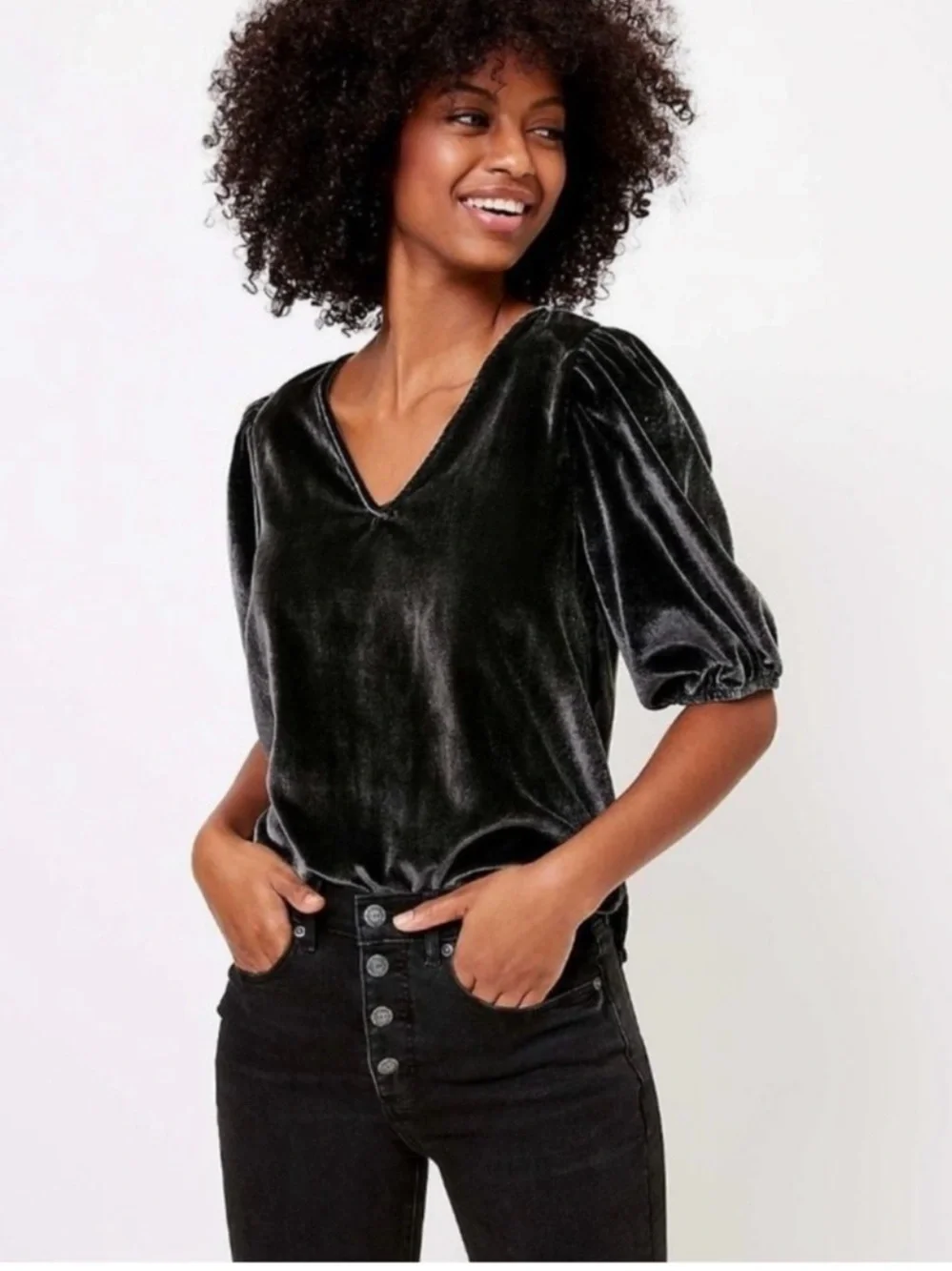 LOFT Grey Crushed‎ Velvet Puff Sleeve Blouse Preppy Office Classic Polished